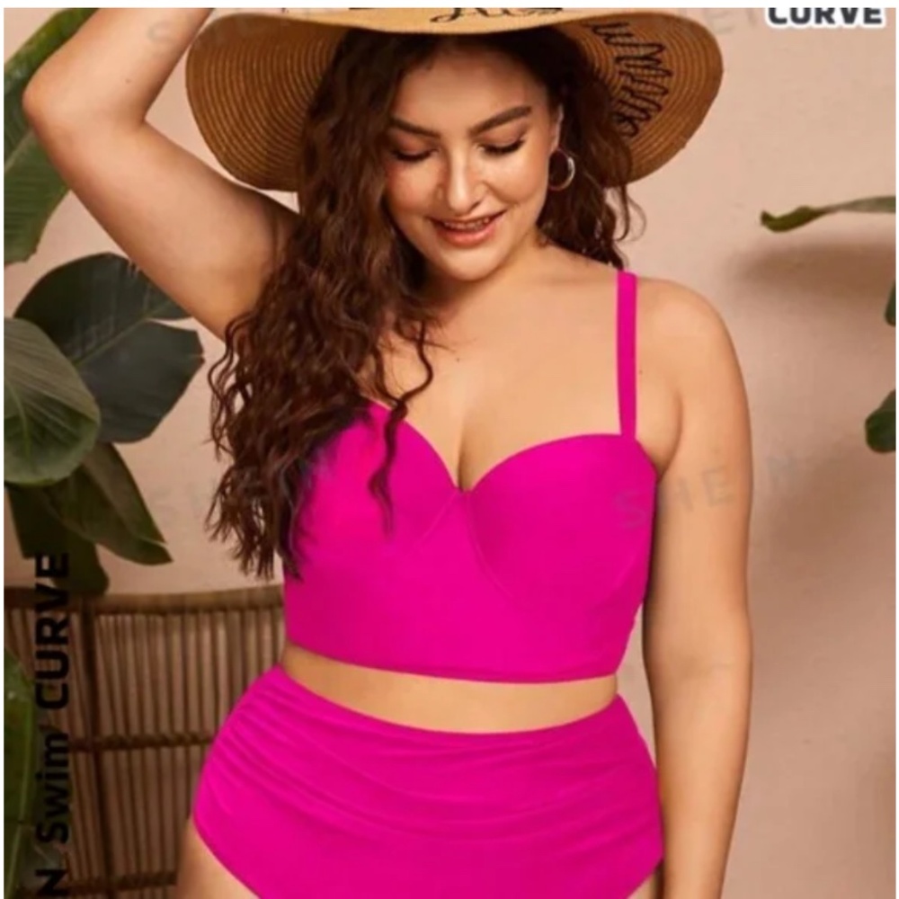 Bright pink two piece bathing suit
